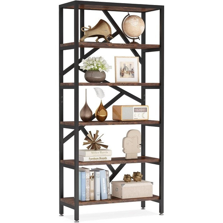 71 Industrial Bookshelf, 6 Tier Rustic Brown Wood Etagere Bookcase, Open Book Shelves