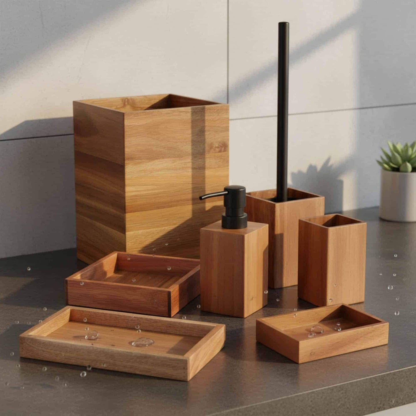 Acacia Wood Bathroom Accessory Set Collection