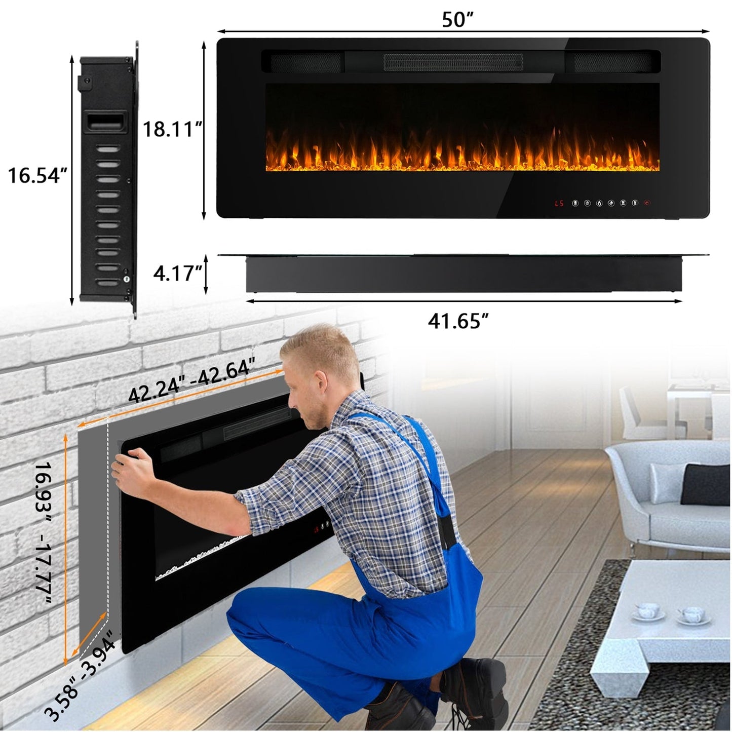 Bossin 30 to 72 inch Electric Fireplace Ultra-Thin and Silence Linear Recessed Wall Mounted Fireplace with Remote Control