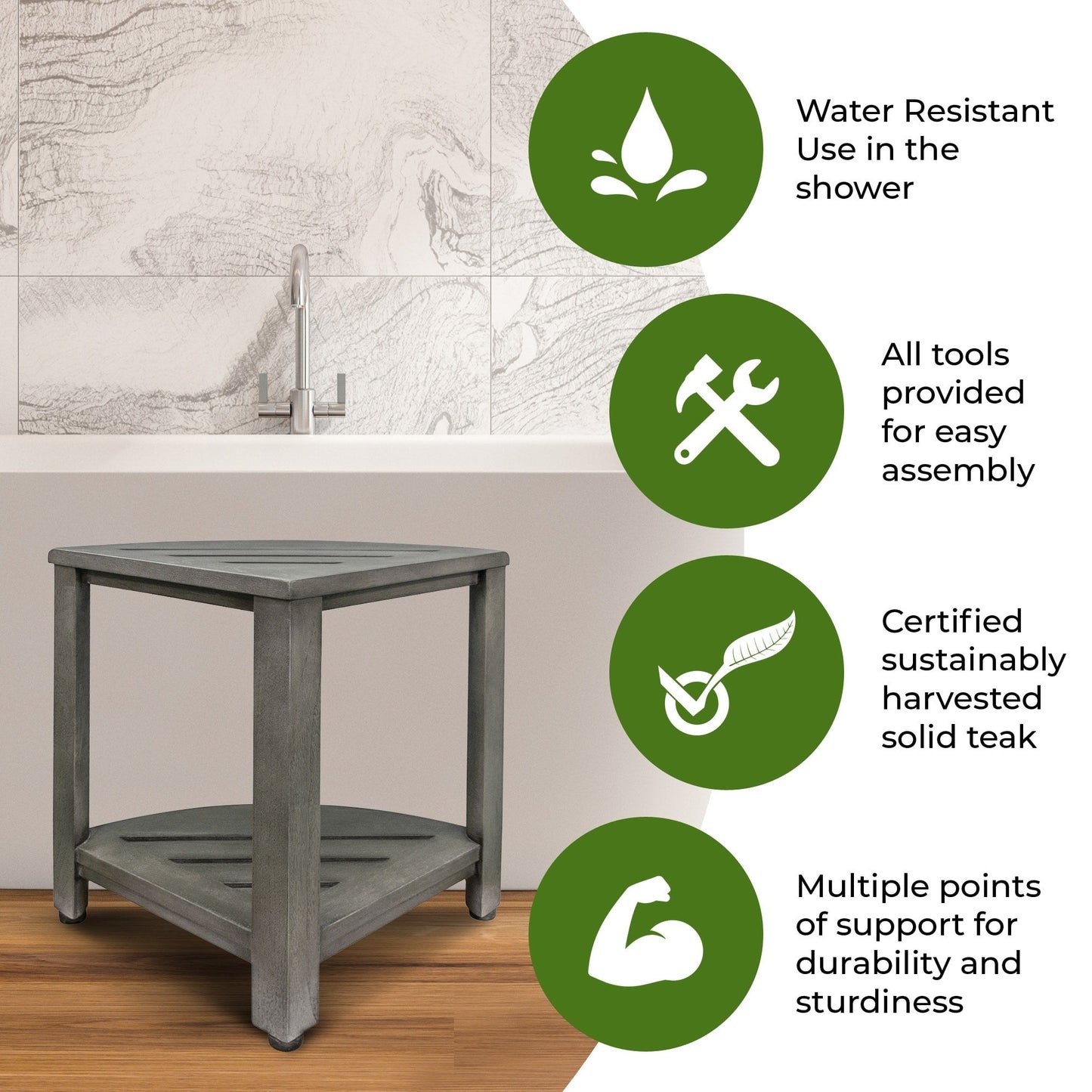 CoastalVogue, Teak Corner Shower Shelf, Shower Stool for Shaving Legs, Shower Foot Stool, Teak Shower Stool, Corner Shower Stool