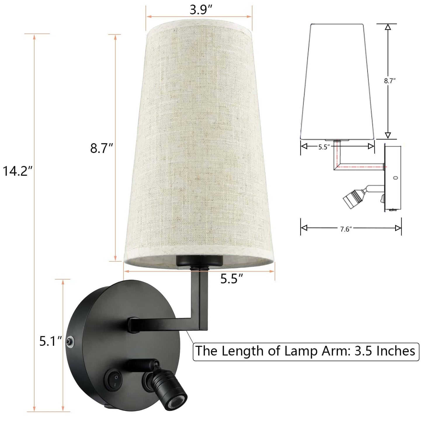 Morbihan Wall Sconce Set of 2 Fabric Wall Lamp with USB Port and Switch