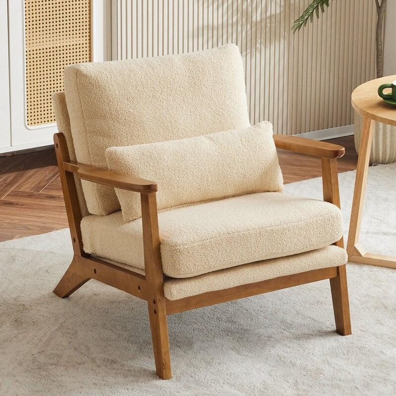 Upholstered Linen Blend Accent Chair with Wooden Legs and One Pillow Beige