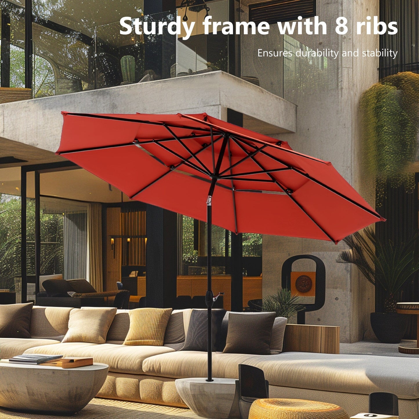 MAISON ARTS 10ft 3 Tier Auto-tilt Patio Umbrella Outdoor Double Vented Umbrella with LED Lights