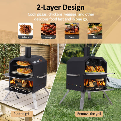 2-Layer Outdoor Pizza Oven Wood Fired Pizza Maker Outside Pizza Grill for Camping - 16 inch