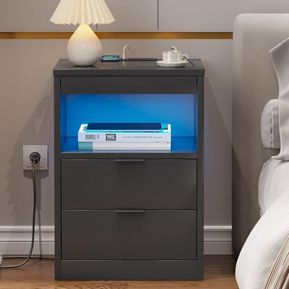 2 Drawers LED Nightstand Wireless Charging Station Pull-Out Shelf