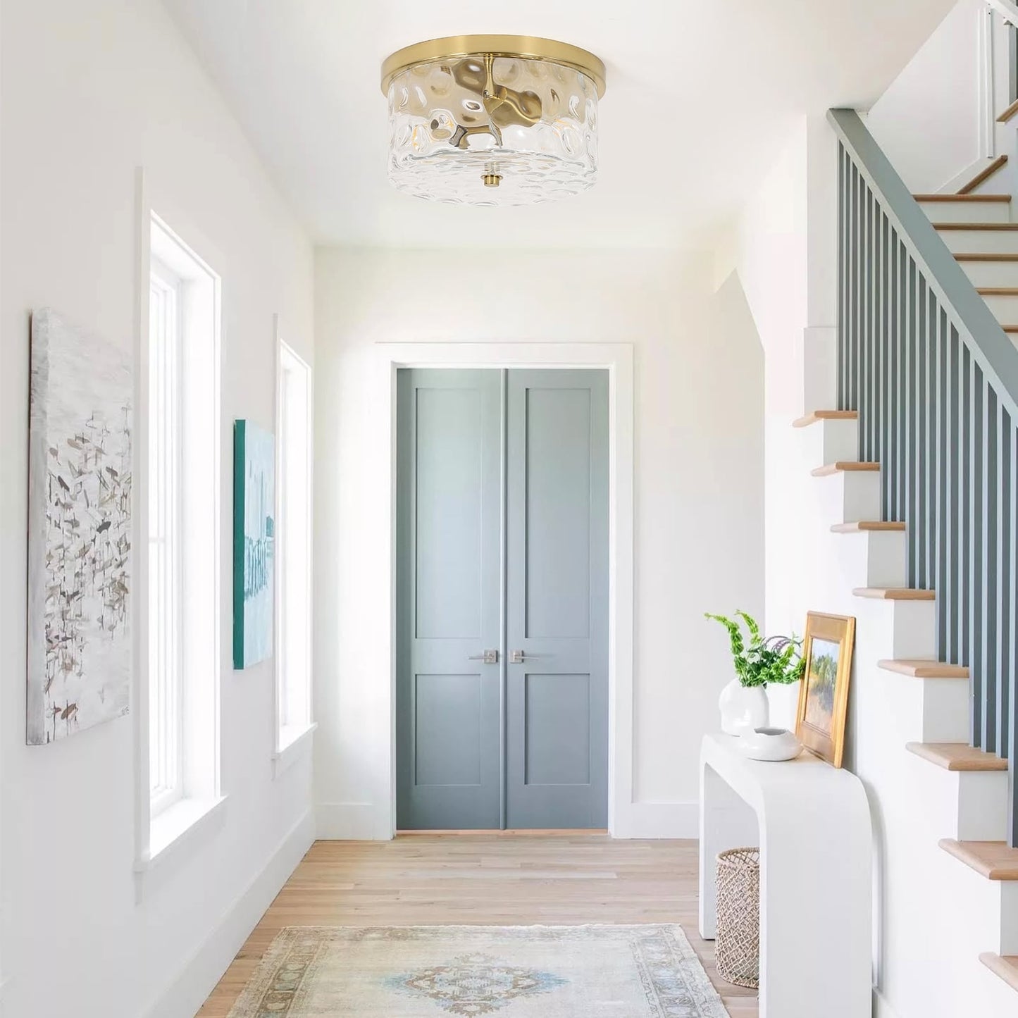 2-Light Flush Mount Ceiling Light with Clear Hammered Glass