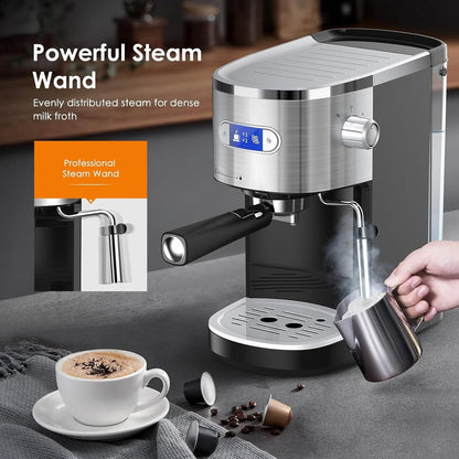 20 Bar Espresso Maker with Milk Frother Steam Wand, Cappuccino and Latte Machine for Household, Coffee Lovers Gift
