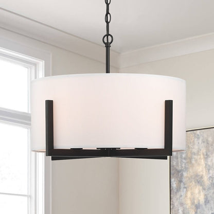22 in. 4-Light Matte Black Chandelier Pendant Light with White Drum Shade - 22W
