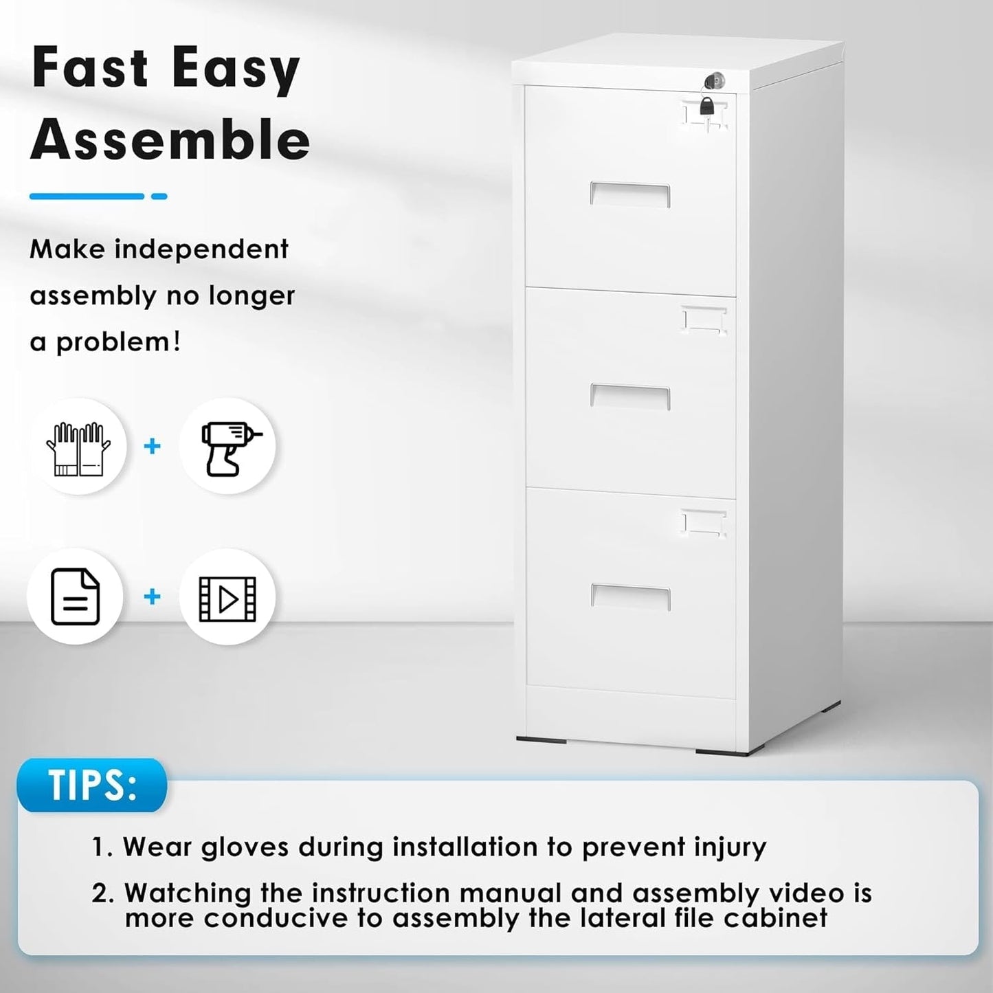 3 Drawer Metal Locking File Cabinet for Home Office, Rolling Cabinet Fully Assembled