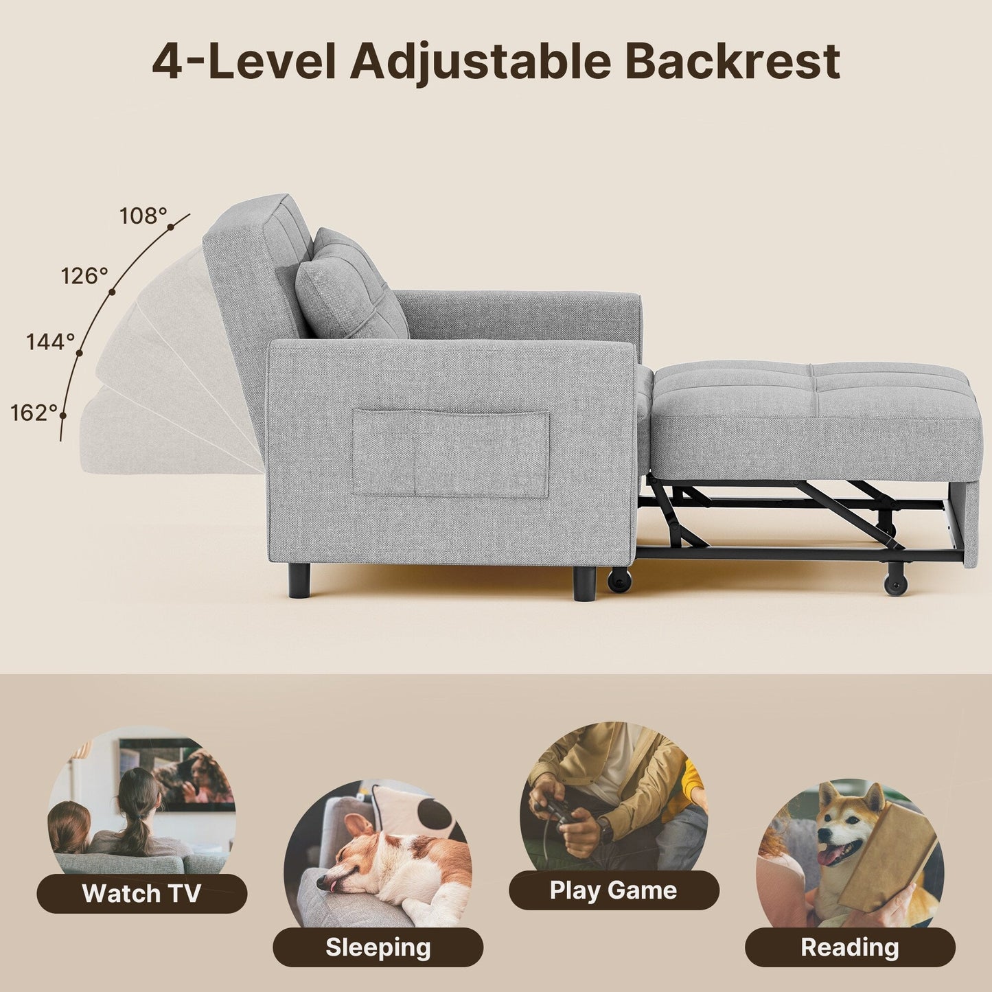 3-in-1 Pull-Out Sofa Bed Sleeper Chair , Convertible Adjustable Foldable Upholstered Lounge Couch