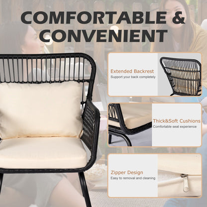 3 Piece Outdoor Wicker Conversation Bistro Set, All-Weather Rattan Furniture Patio Chairs Set with Cushions