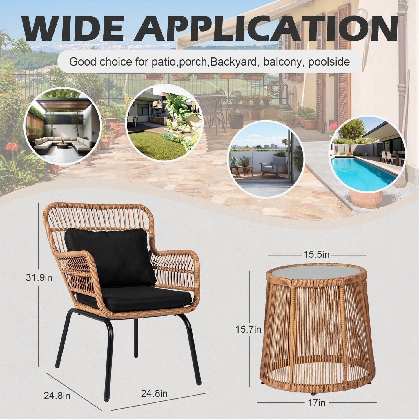 3 Piece Outdoor Wicker Conversation Bistro Set, All-Weather Rattan Furniture Patio Chairs Set with Cushions