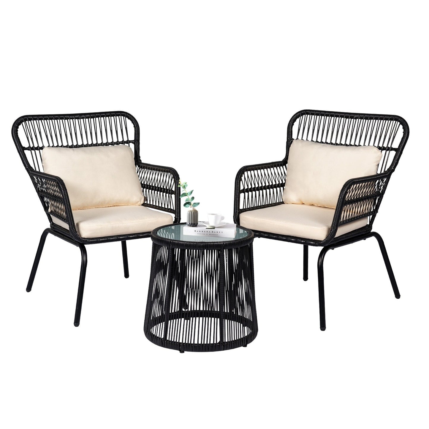 3 Piece Outdoor Wicker Conversation Bistro Set, All-Weather Rattan Furniture Patio Chairs Set with Cushions