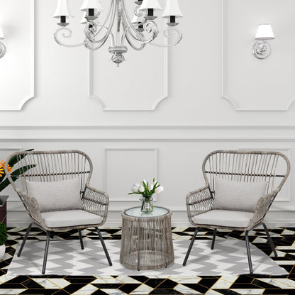 3 Piece Outdoor Wicker Conversation Bistro Set, All-Weather Rattan Furniture Patio Chairs Set with Cushions