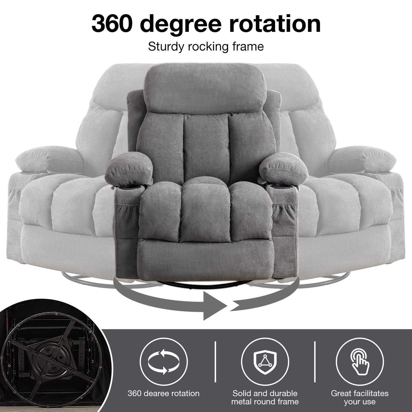 360° Swivel Recliner Chair with Massage, Heat, USB, and Cup Holders