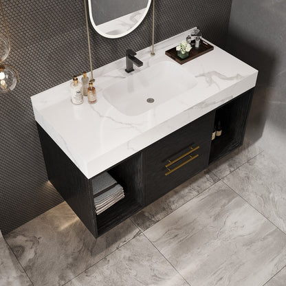 39.4 '' Floating Bathroom Vanity with Ceramic sink,Wall Hung Vanity 2 Soft Close Drawer and white slate top - 39'4 x 18'9
