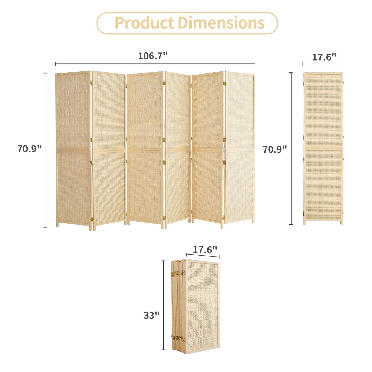 4/6 Panel Bamboo Room Divider 6 FT Detachable Wall Divider for Room Separation, Folding Privacy Screen