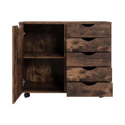5-Drawer Wood Storage Dresser Cabinet with Wheels - Craft Organizer and Makeup Drawer Unit for Closet and Bedroom