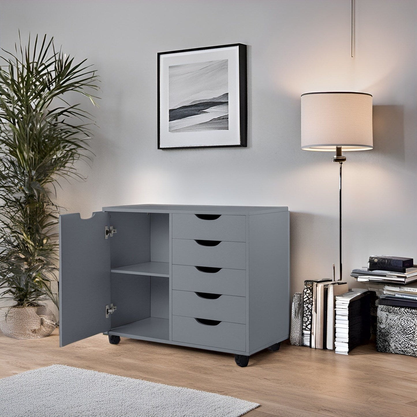 5-Drawer Wood Storage Dresser Cabinet with Wheels - Craft Organizer and Makeup Drawer Unit for Closet and Bedroom