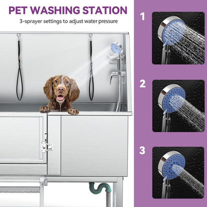 50'' W Stainless Steel Adjustable Pet Grooming Tub with Steps Ramp