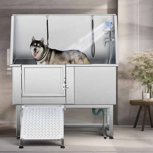 50'' W Stainless Steel Adjustable Pet Grooming Tub with Steps Ramp
