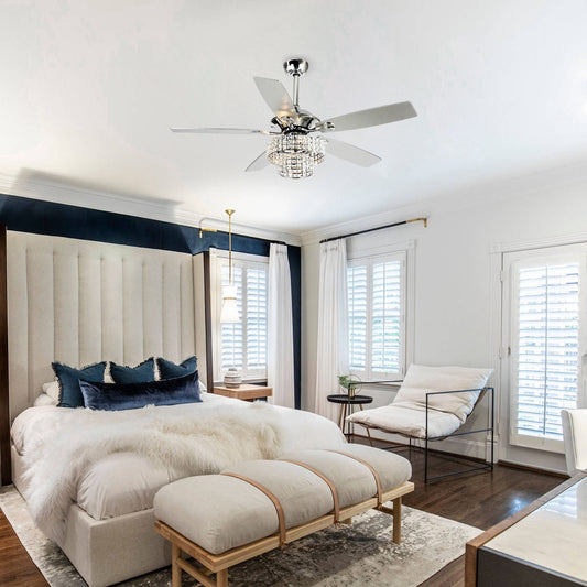 52-inch Chrome Wooden 5-blade Modern Crystal Ceiling Fan with Remote