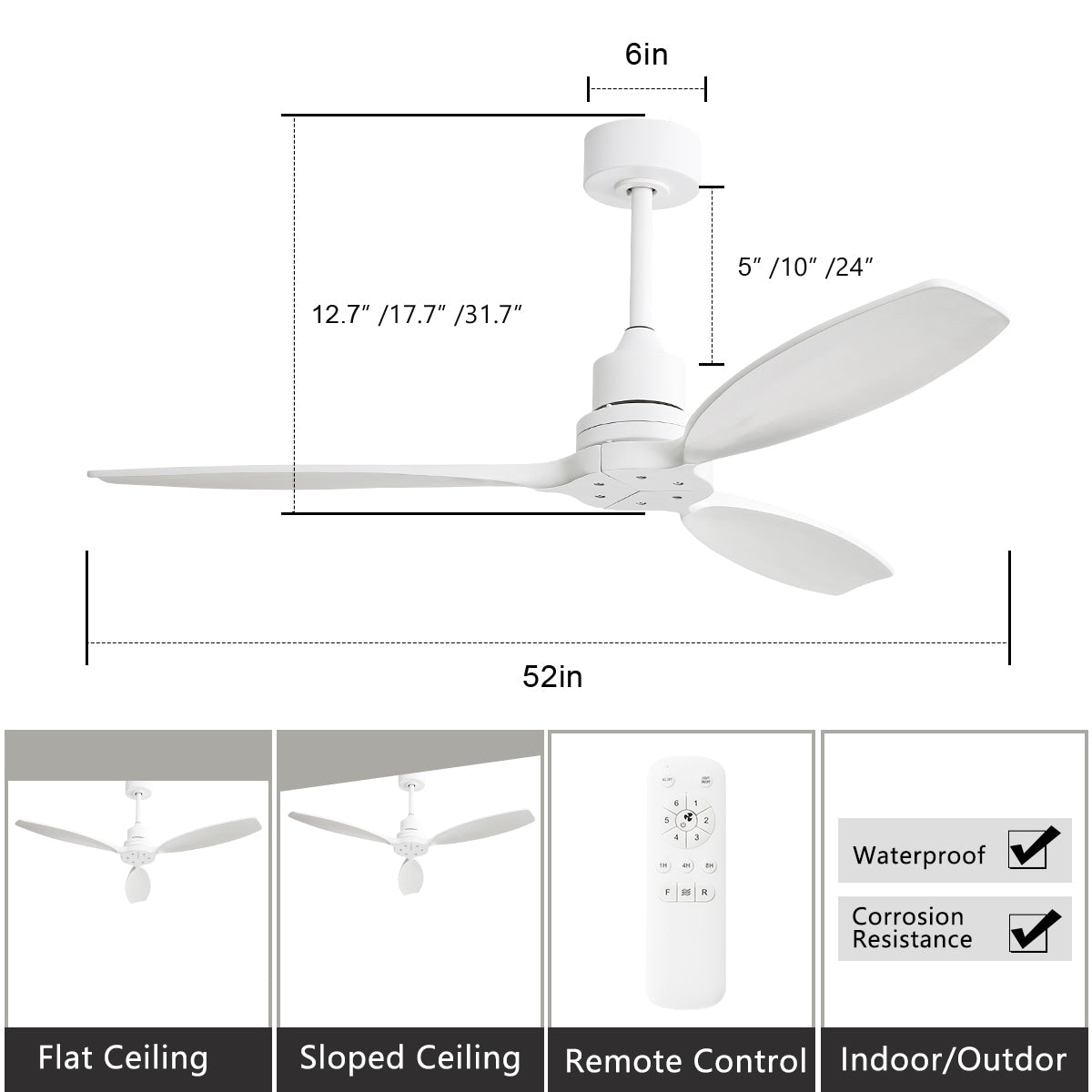 52 inch Modern Solid Wood / ABS Ceiling Fan With Remote Control(No Light),6 WInd Speed,Reversible Airflow
