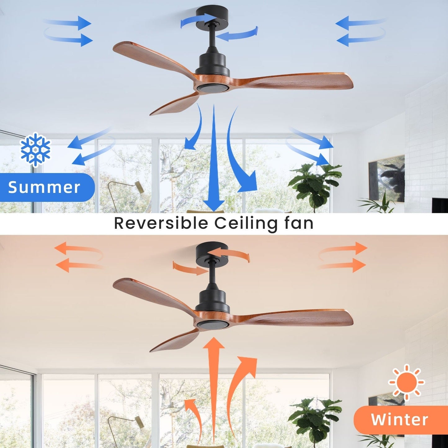 52/60/48 Noiseless Walnut Wood Ceiling Fan with Remote Control, Integrated Light Optional