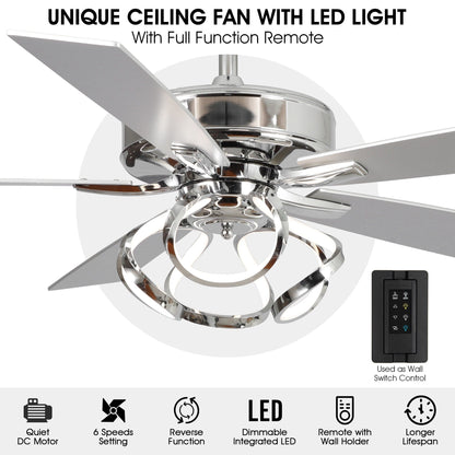 52 Modern Chrome/ Black Indoor Dimmable LED Ceiling Fan with Light and Remote