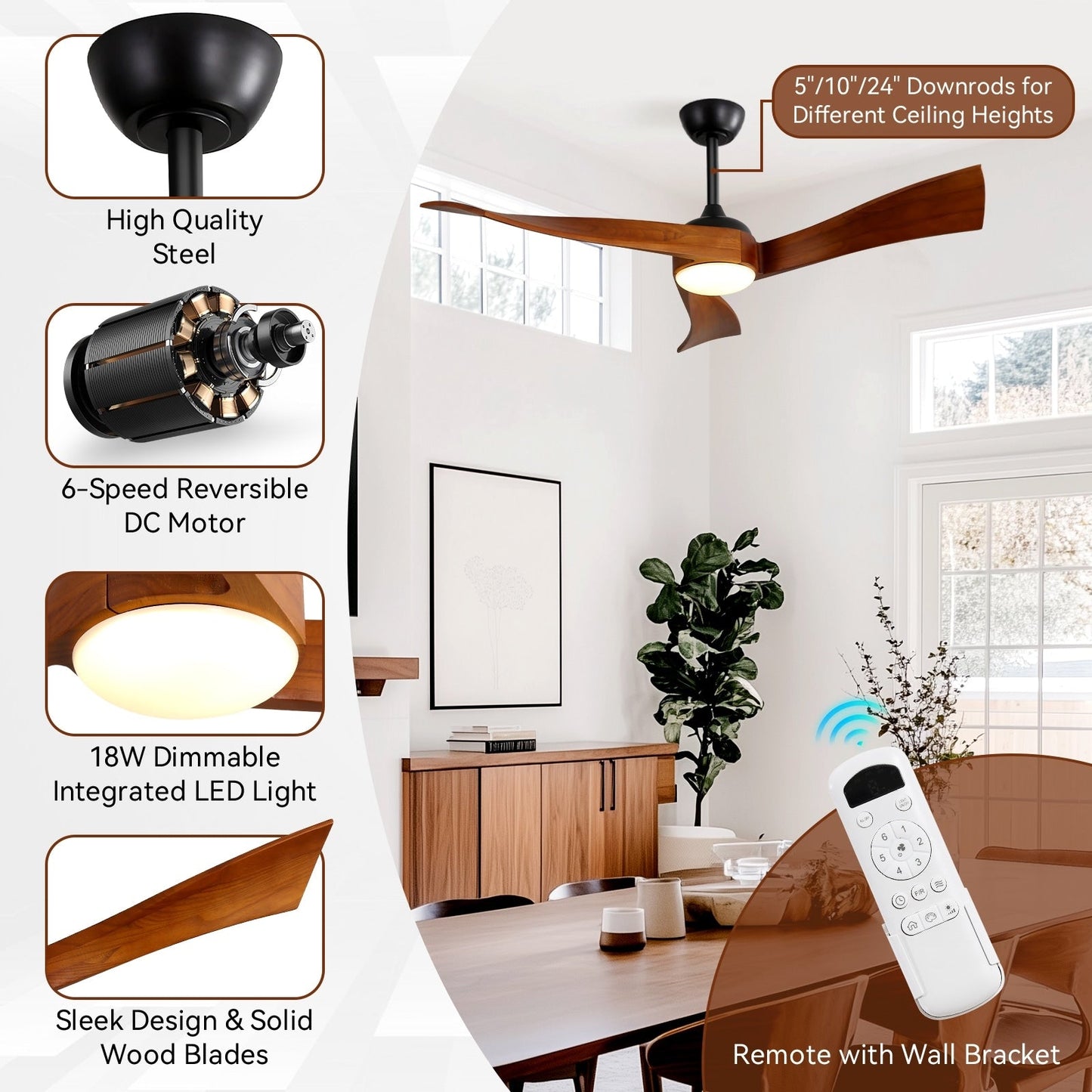 52 Wood 3-Blade Ceiling Fans with Dimmable LED Light and Remote, 6-Speed Reversible DC Motor - 52 inch