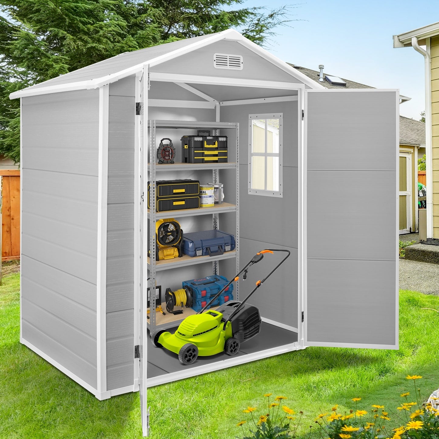 6 ft x 4 ft/6 ft x 8 ft/8 ft x 6 ft/8 ft x 10 ft All-Weather Resin Outdoor Plastic Storage Shed w/Floor, Spire Tool Shed