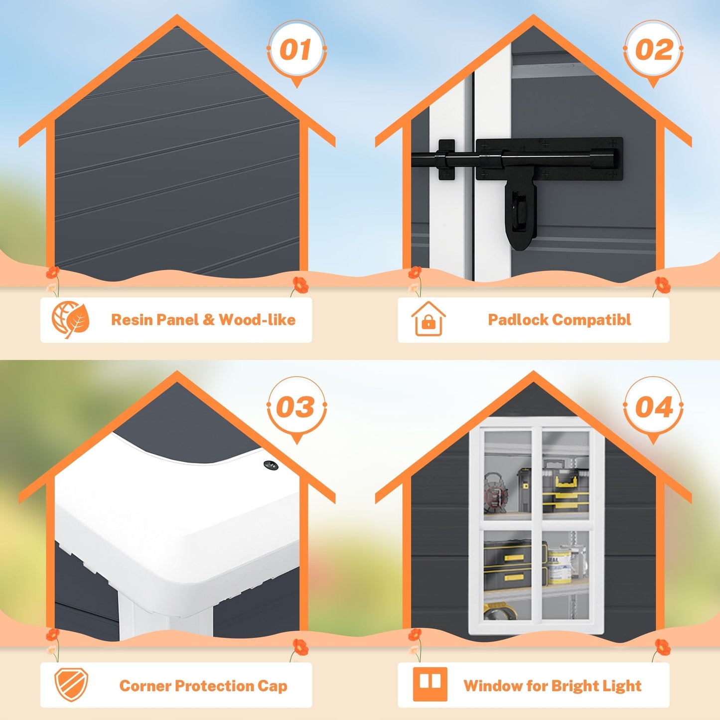 6 ft x 4 ft/6 ft x 8 ft/8 ft x 6 ft/8 ft x 10 ft All-Weather Resin Outdoor Plastic Storage Shed w/Floor, Spire Tool Shed