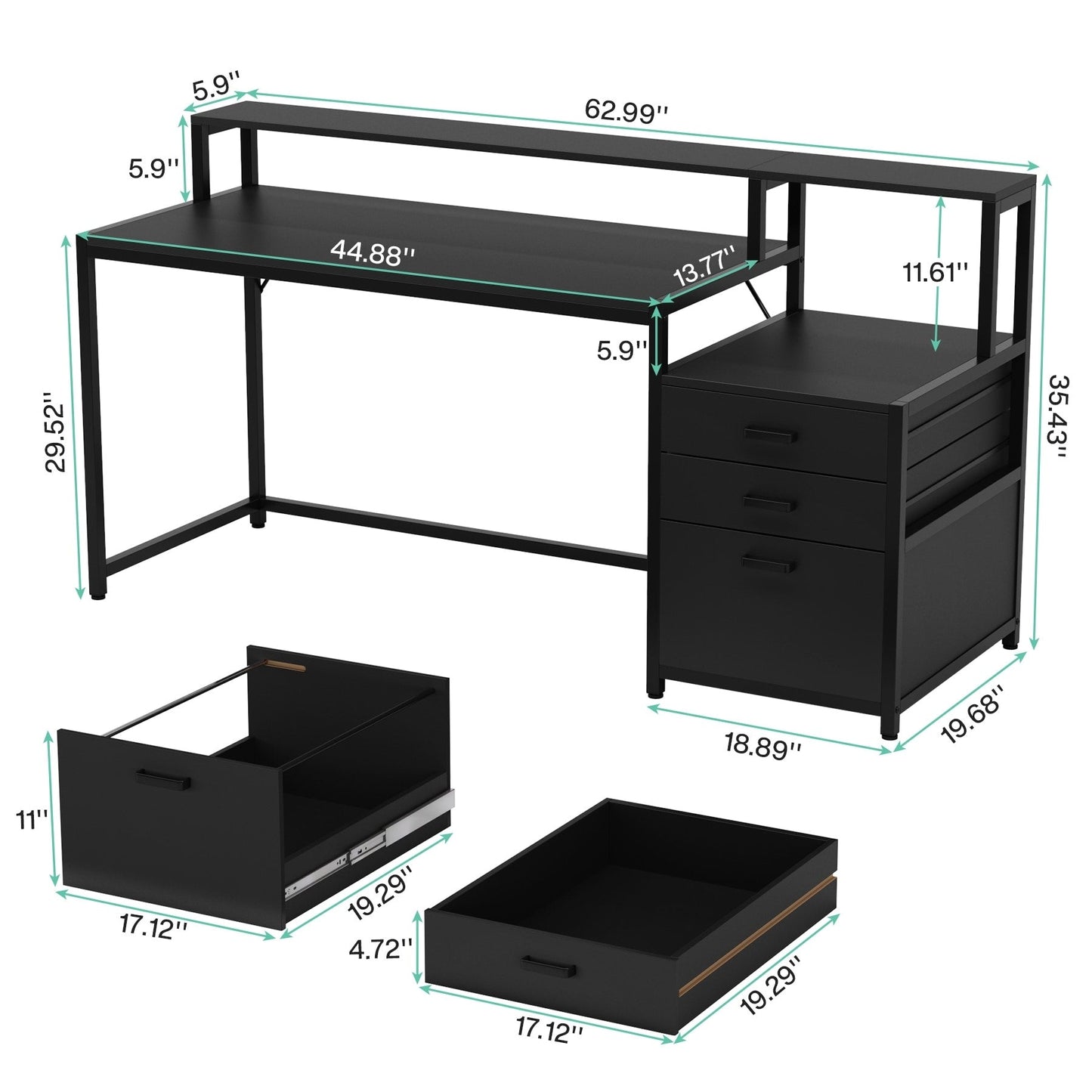 63 Computer Desk with Monitor Stand, Ergonomic Home Office Desks with Drawers File Cabinet