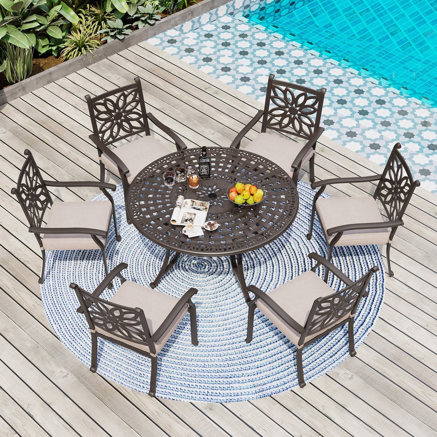 MAISON ARTS Cast Aluminum Dining Chairs/Patio Dining Set with Round Dining Table & 6 Cast Aluminum Patio Chairs