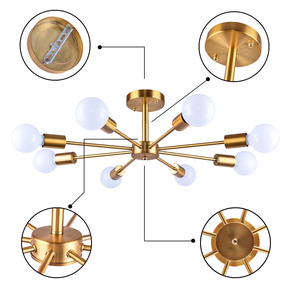 Black/ Gold Sputnik Semi Flush Mount Lamp Close to Ceiling Light Fixture for Living Room/ Kitchen/ Office/ Bedroom/ Foyer