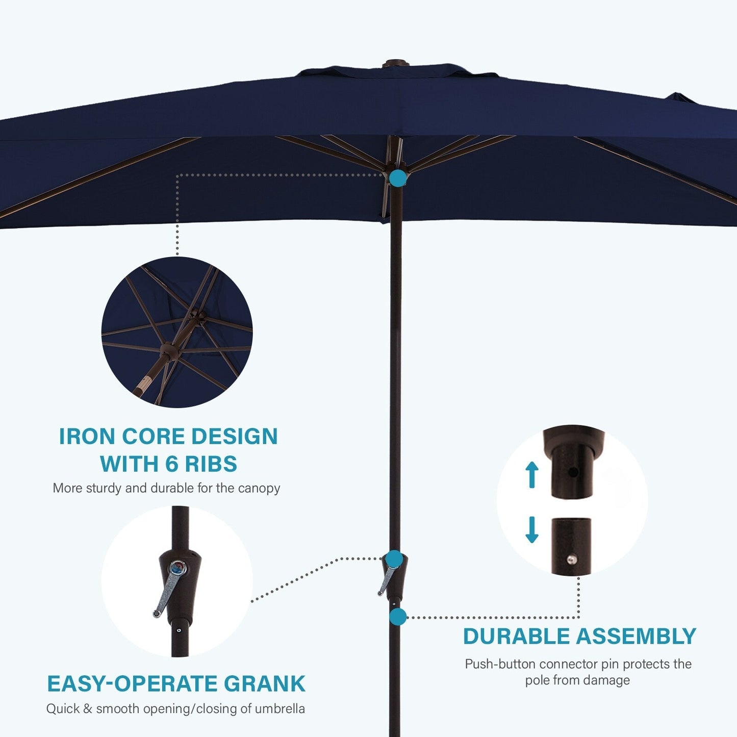 8*10ft Rectangular Patio Market Umbrella with Crank & Tilt，UV-Resistant