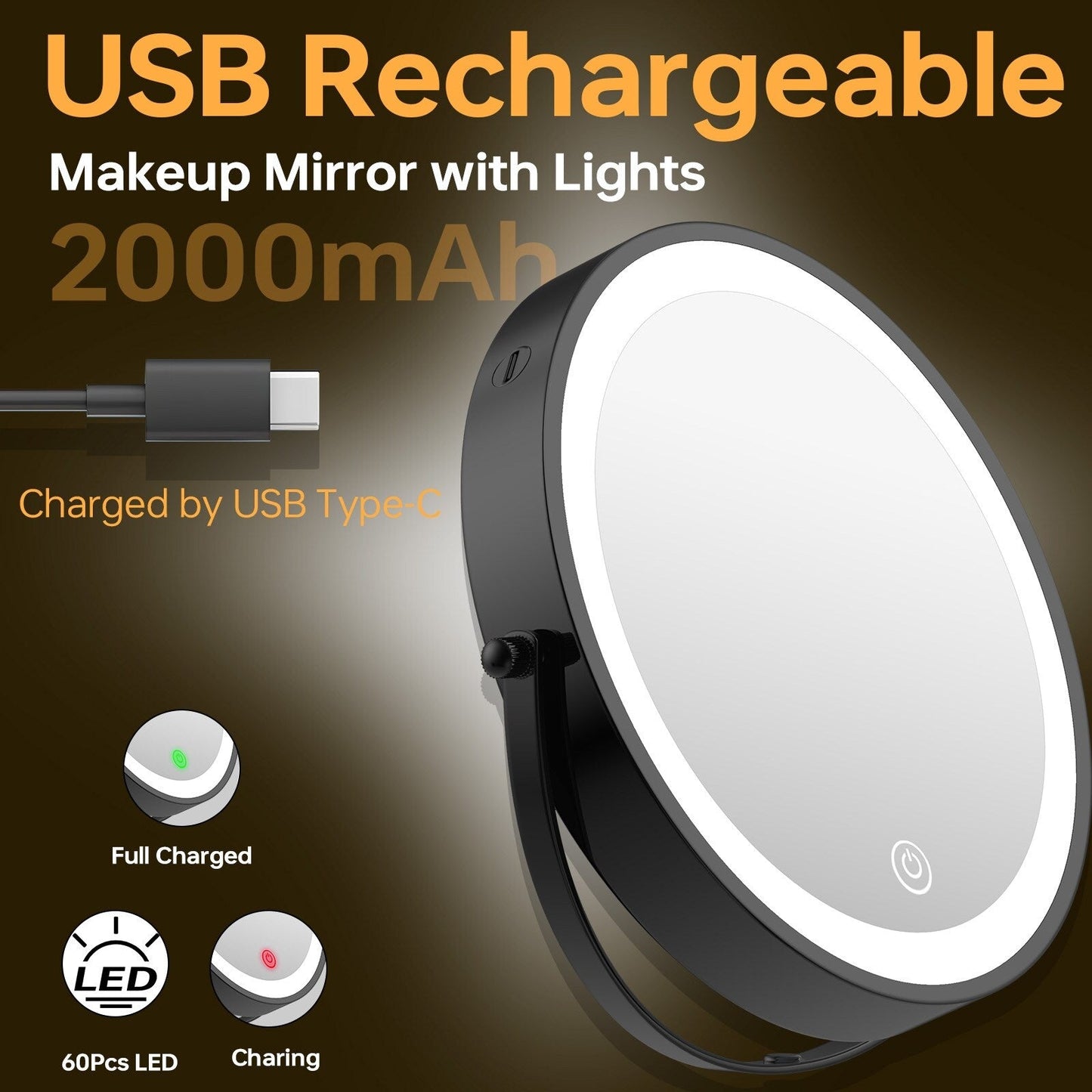 8 Round Wall Mount Bathroom Makeup Mirror, Rechargeable, Magnification 1x/10x, 3 Color Lights