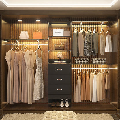 Rackcog 120'' Adjustable Closet Organizer with Drawers, Closet System with DIY Shelves for Reach-in and Walk-in Closet