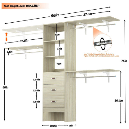 Rackcog 120'' Adjustable Closet Organizer with Drawers, Closet System with DIY Shelves for Reach-in and Walk-in Closet