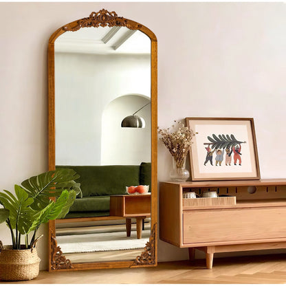 Arched Full-Length Solid Wood Carving Floor Mirror