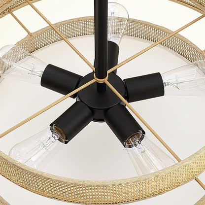Bayou 5-Light Black Coastal Drum Chandelier with Double Rattan Shade - 24''W