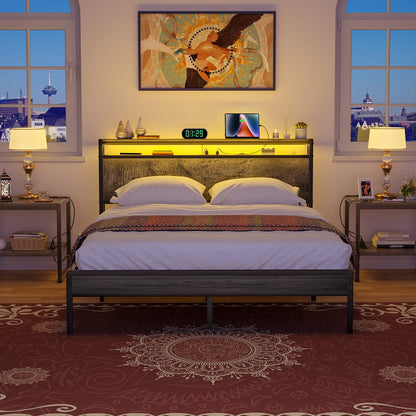 Farmhouse Wood Platform Bed Frame with Charged Station and LED Lights