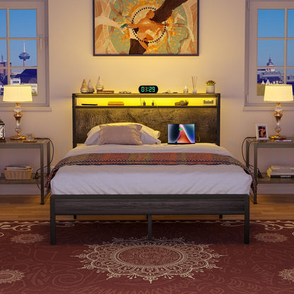 Farmhouse Wood Platform Bed Frame with Charged Station and LED Lights