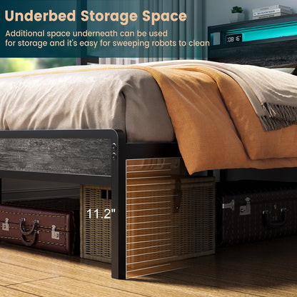 Farmhouse Wood Platform Bed Frame with Charged Station and LED Lights