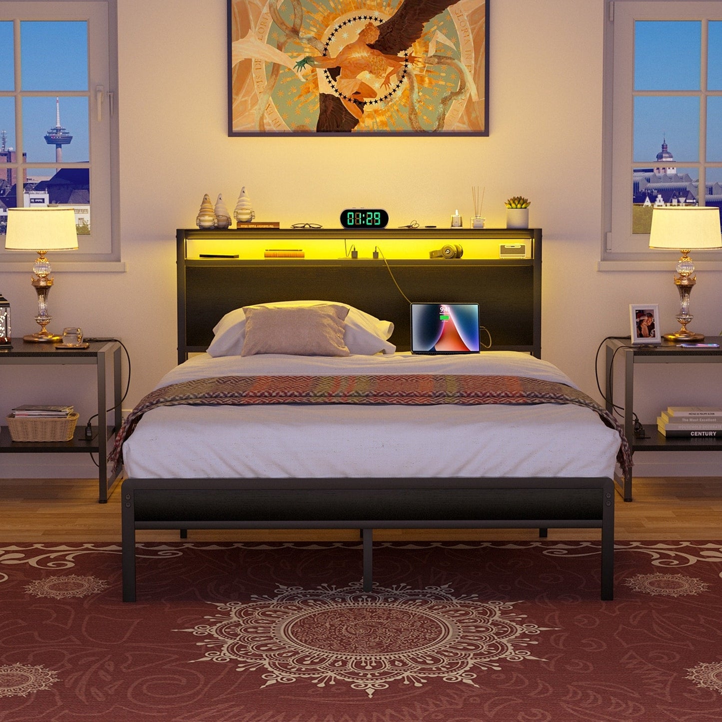 Farmhouse Wood Platform Bed Frame with Charged Station and LED Lights