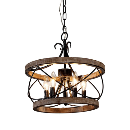Bella Depot 5-Light Rustic Cage Wood Chandelier Dimmable Lighting, 15.7 Adjustable Farmhouse Pendant Light for Kitchen Island