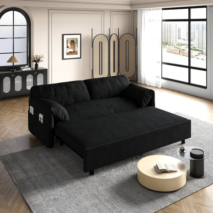 Black 63.8 3-in-1 Velvet Loveseat Pull Out Sofa Bed with Side Storage for Living Room