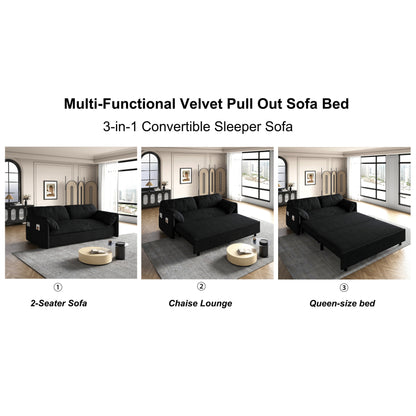 Black 63.8 3-in-1 Velvet Loveseat Pull Out Sofa Bed with Side Storage for Living Room