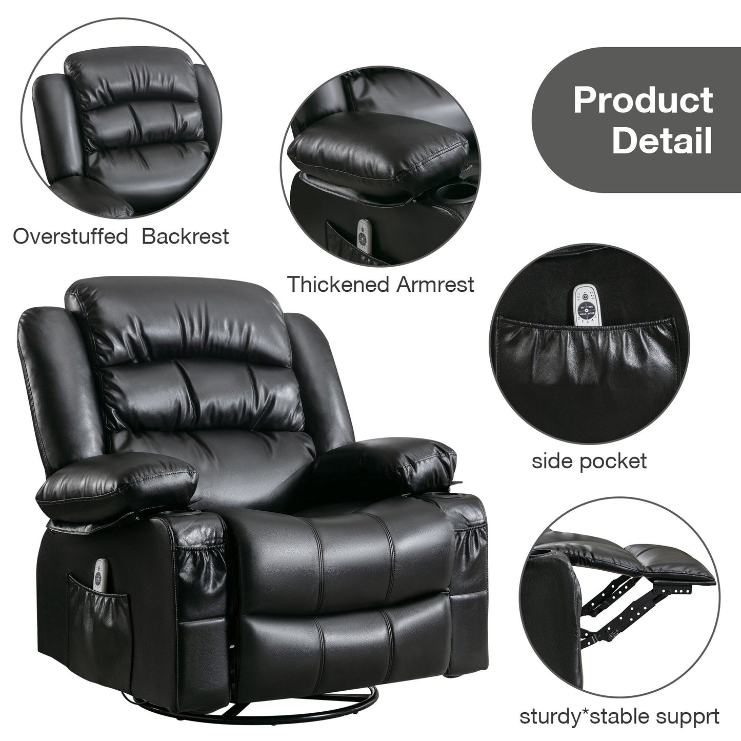 Black Swivel Rocker Recliner with Heat, Massage & USB Ports