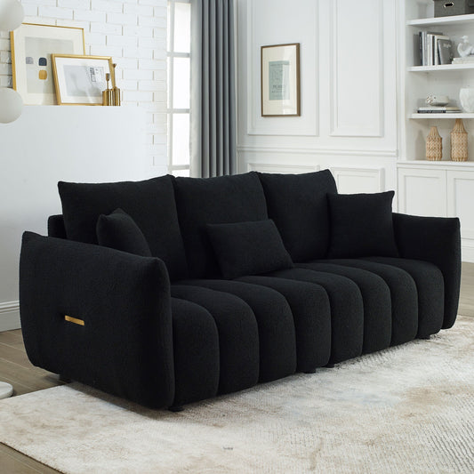 Black Teddy 3-seater Sofa with Back Pillows and Wood Frame